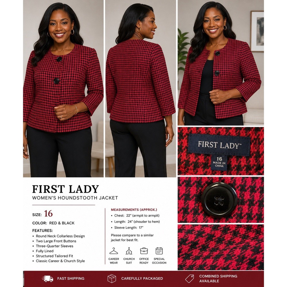 First Lady Women's Red Black Houndstooth Jacket Size 16 Career Blazer